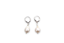 Load image into Gallery viewer, Silver or Gold Pearl Huggie Hoop Earrings.