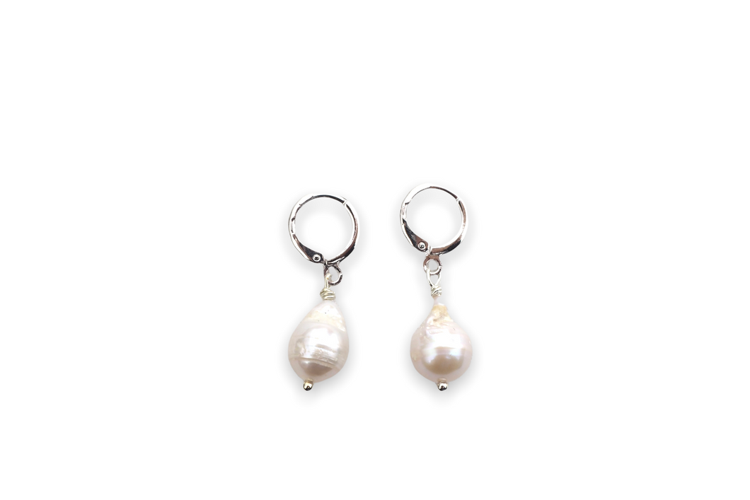 Silver or Gold Pearl Huggie Hoop Earrings.