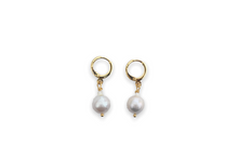 Load image into Gallery viewer, Silver or Gold Pearl Huggie Hoop Earrings.