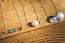 Load image into Gallery viewer, Precious gemstone and pearl necklace. Personalised birthday stone necklace. Pearl and sterling silver necklace