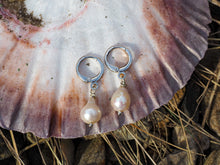 Load image into Gallery viewer, Silver or Gold Pearl Huggie Hoop Earrings.
