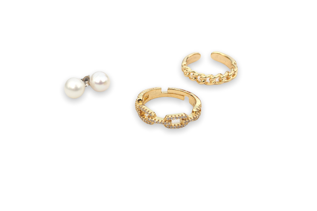 Link ring cubic zirconia, pearl earring and ring gift set