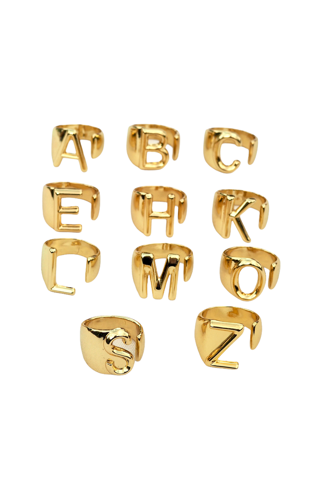 Alphabet initial statement signet rings.